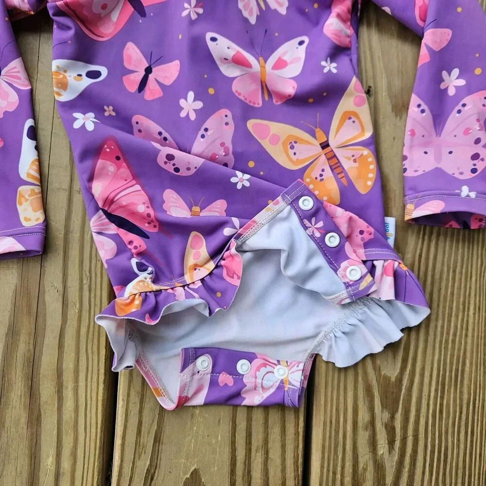 Baby Girl Butterfly Print One Piece Swimsuit & Hat Set 12-18M Ruffle Purple